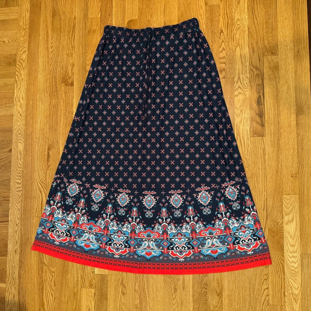 Emery Rose Maxi Skirt‎ Womens 1XL Navy Blue Boho Paisley Geometric Elastic Waist